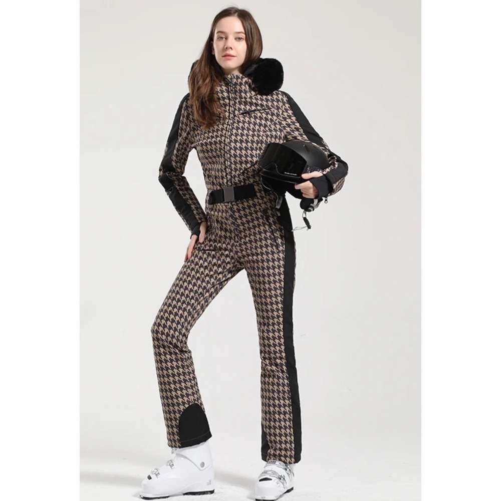 GSOU Snow Houndstooth Ski Suit GS-2313 Tan Black 20k Waterproof NWT Womens L